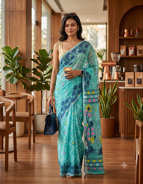 dB DESH BIDESH Women's Jamdani Sarees For Women for Party Festival Wear Kusumlata Design Soft Cotton Linen saree for woman Without Blouse piece (Firoza)