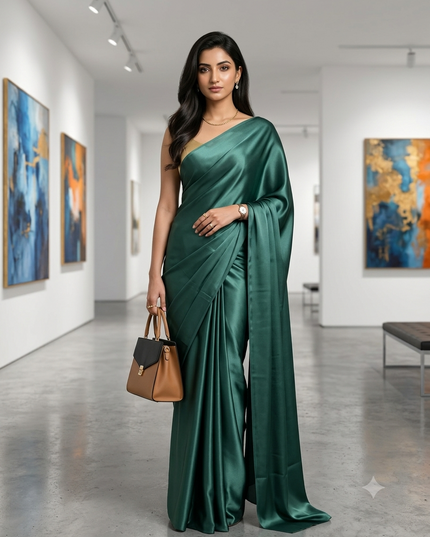 Women`s Soft Satin Silk Plain Saree for wedding, party, wear saree for women latest, design saree Satin Pure silk Crepe farewell party, wear dress Collection Plain sarees (Teal Green)
