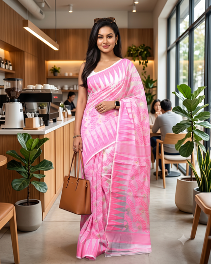 dB DESH BIDESH Women's Traditional Bengal Soft Cotton Silk Jamdani Sarees For Women Tentullata Design Cotton saree for woman Without Blouse piece | Ethnic Wear Sari (Pink White)
