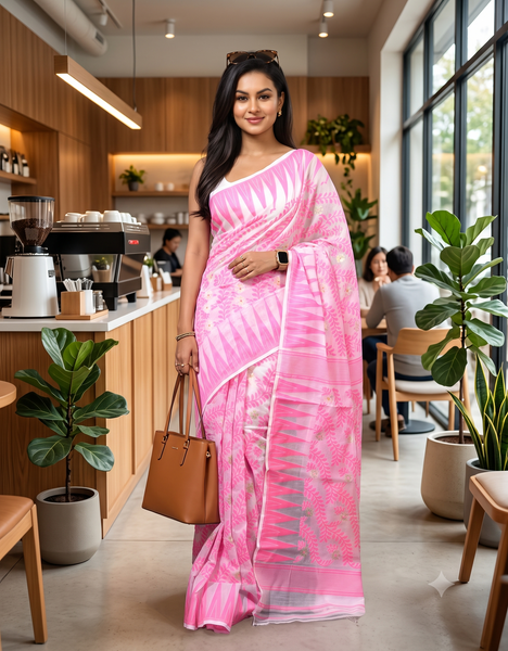 dB DESH BIDESH Women's Traditional Bengal Soft Cotton Silk Jamdani Sarees For Women Tentullata Design Cotton saree for woman Without Blouse piece | Ethnic Wear Sari (Pink White)