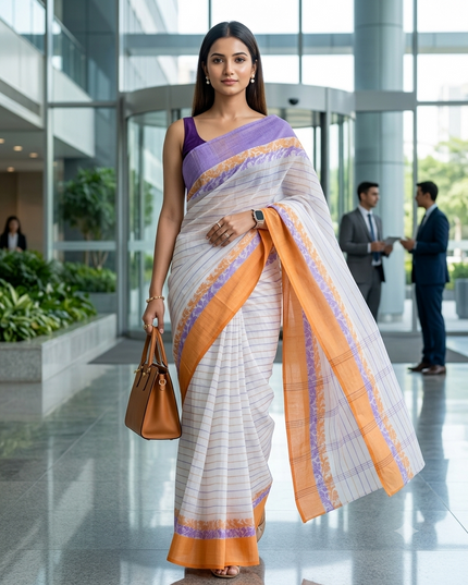 Women Tant cotton saree for woman party, wear sarees cotton georgette handloom wedding new chiffon collection sarees for women latest, Chitralekha design (Purple Orange)