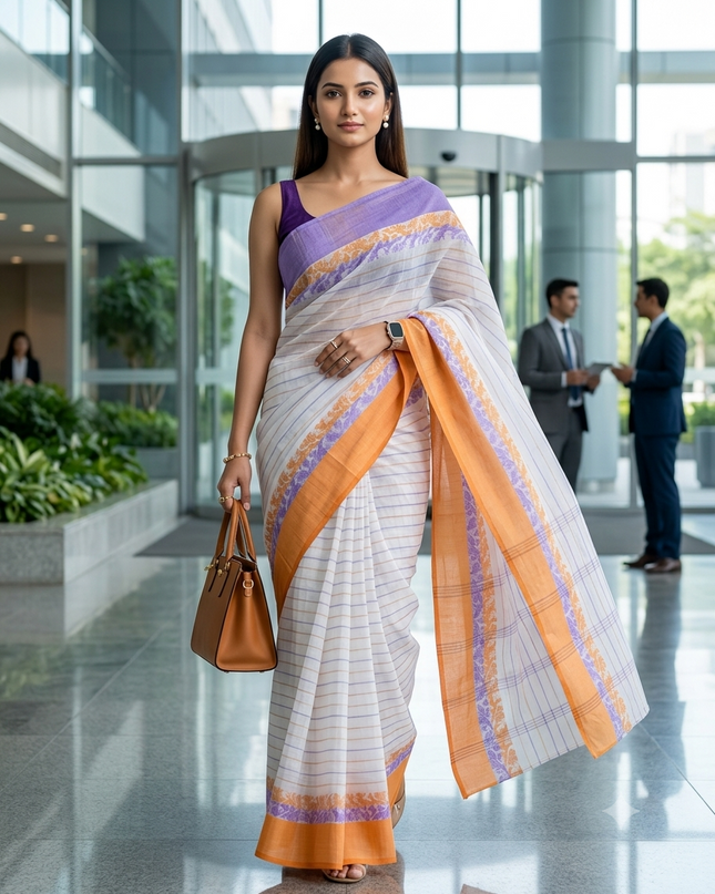 Women Tant cotton saree for woman party, wear sarees cotton georgette handloom wedding new chiffon collection sarees for women latest, Chitralekha design (Purple Orange)