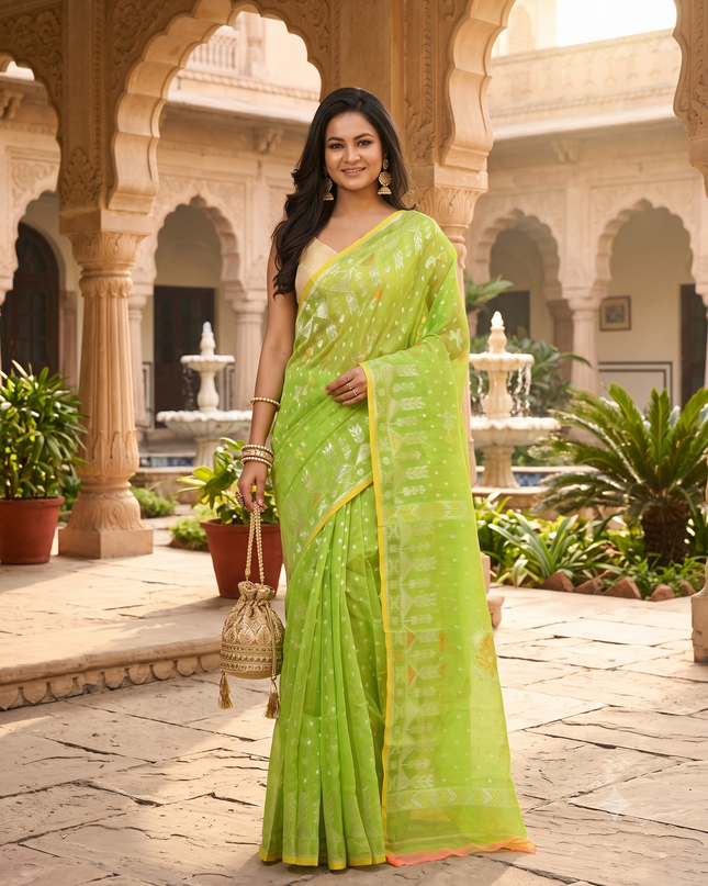 dB DESH BIDESH Women's Soft Cotton Silk Jamdani Sarees For Women for Party Festival Wedding Silk Saree GlamQueen Gold Work Design Without Blouse piece (Light Green)