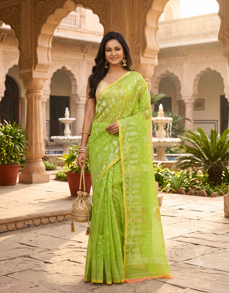 dB DESH BIDESH Women's Soft Cotton Silk Jamdani Sarees For Women for Party Festival Wedding Silk Saree GlamQueen Gold Work Design Without Blouse piece (Light Green)