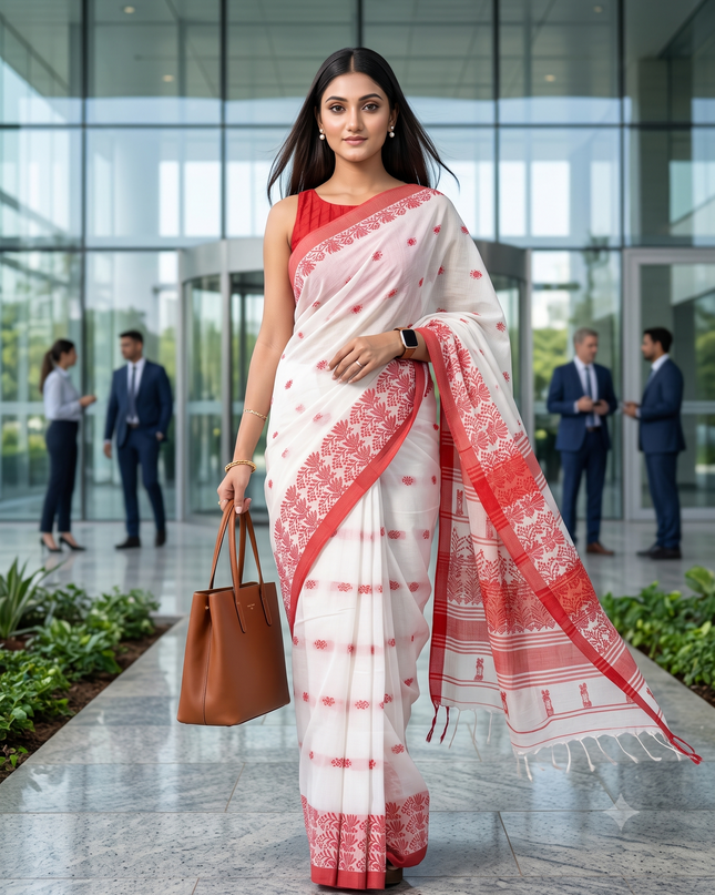 Elegant Floral Embroidered Handloom Saree: Red, White, Cotton Blend, Traditional Indian Wear