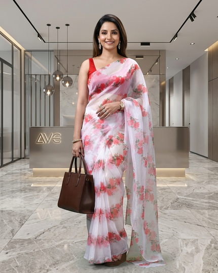 Women`s Printed Organza Saree Semi-Transparent Party, Wear weddings latest, Trending Rose Design sarees Fancy banarasi organza silk saree for Farewell White Red Sarees for Women