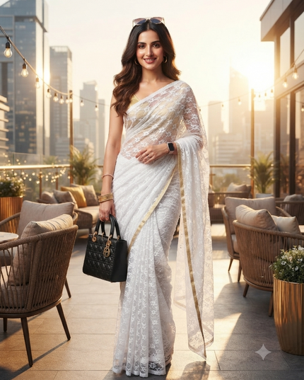 Women’s Net Sequin Embroidered saree Soft Net saree party, wear Chiffon wedding Silk georgette latest, Net sarees Heavy design Function Festive farewell saree for women (White)