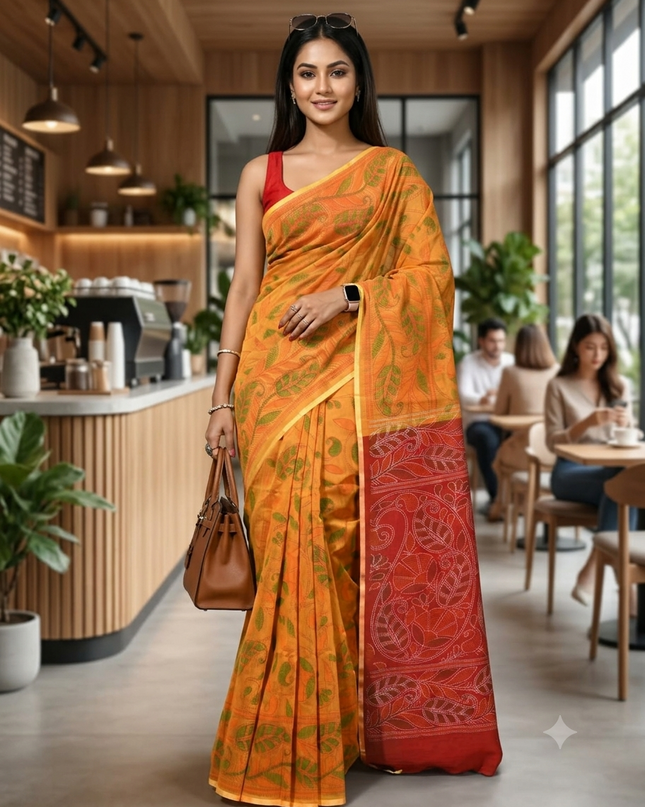 dB DESH BIDESH Women`s Cotton Saree For Woman Nakshakata Leaf kolka Embroidery Printed Trendy Soft Cotton Silk Women Sarees with Blouse Piece (YELLOW RED)