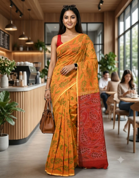 dB DESH BIDESH Women`s Cotton Saree For Woman Nakshakata Leaf kolka Embroidery Printed Trendy Soft Cotton Silk Women Sarees with Blouse Piece (YELLOW RED)