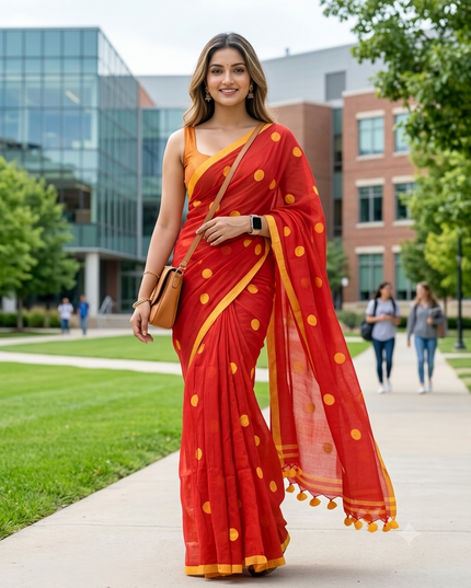 Mulmul Cotton Saree in Red and Yellow