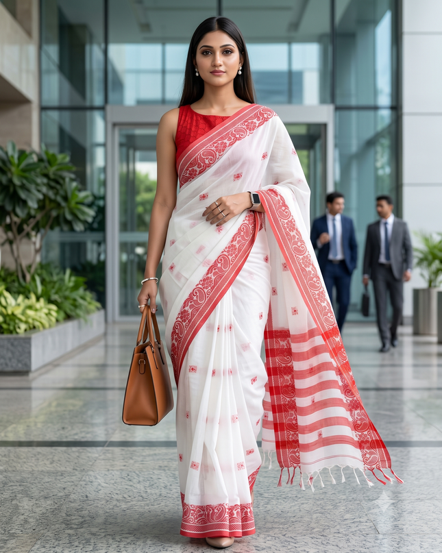 Exquisite Red & White Woven Design Paisley Taant Saree