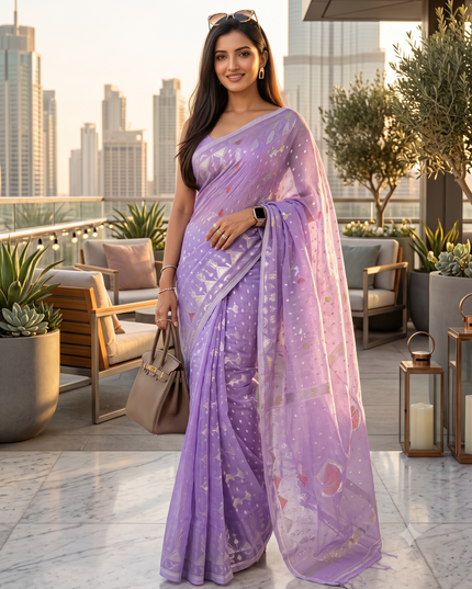 dB DESH BIDESH Women's Soft Cotton Silk Jamdani Sarees For Women for Party Festival Wedding Silk Saree GlamQueen Gold Work Design Without Blouse piece (Purple)
