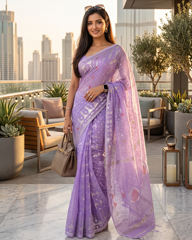 dB DESH BIDESH Women's Soft Cotton Silk Jamdani Sarees For Women for Party Festival Wedding Silk Saree GlamQueen Gold Work Design Without Blouse piece (Purple)