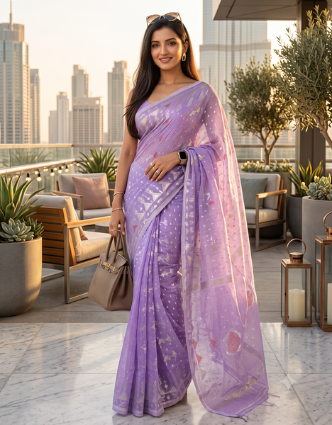 dB DESH BIDESH Women's Soft Cotton Silk Jamdani Sarees For Women for Party Festival Wedding Silk Saree GlamQueen Gold Work Design Without Blouse piece (Purple)