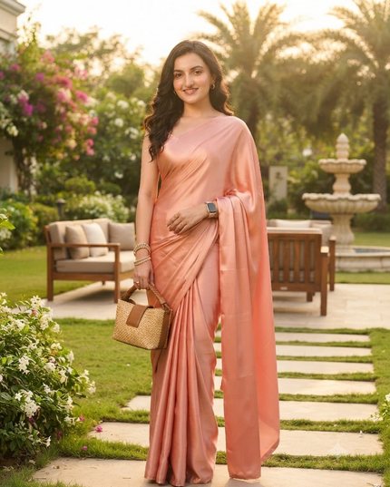 Women`s Soft Satin Silk Plain Saree for wedding, party, wear saree for women latest, design saree Satin Pure silk Crepe farewell party, wear dress Collection Plain sarees (Rose Gold)