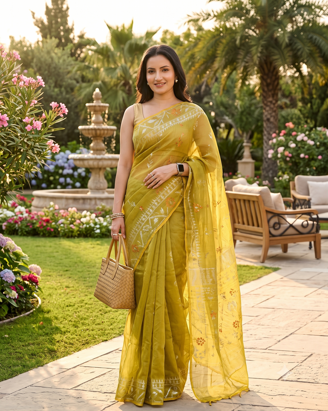 dB DESH BIDESH Women's Soft Cotton Silk Jamdani Sarees For Women for Party, Wear Linen Silk Saree Zarikatha Design Cotton saree for woman Without Blouse piece (Olive)