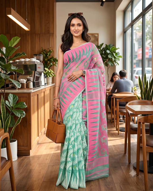 dB DESH BIDESH Women's Traditional Bengal Soft Cotton Silk Jamdani Sarees For Women Tentullata Design Cotton saree for woman Without Blouse piece | Ethnic Wear Sari (Pink Firoza)
