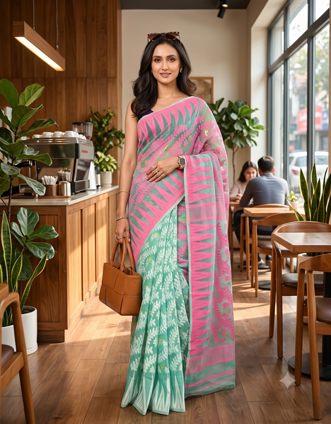 dB DESH BIDESH Women's Traditional Bengal Soft Cotton Silk Jamdani Sarees For Women Tentullata Design Cotton saree for woman Without Blouse piece | Ethnic Wear Sari (Pink Firoza)