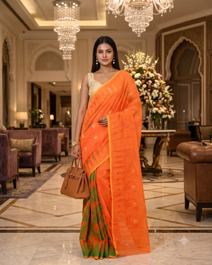dB DESH BIDESH Women's Traditional Bengal Soft Cotton Silk Jamdani Sarees For Women Tentullata Design Cotton saree for woman Without Blouse piece | Ethnic Wear Sari (Orange Green)
