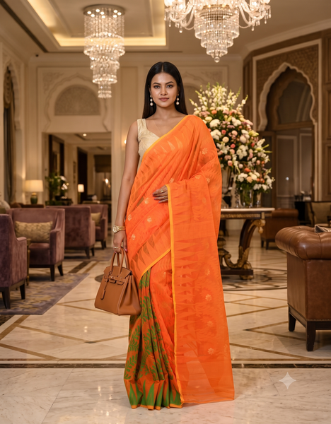 dB DESH BIDESH Women's Traditional Bengal Soft Cotton Silk Jamdani Sarees For Women Tentullata Design Cotton saree for woman Without Blouse piece | Ethnic Wear Sari (Orange Green)