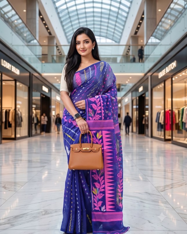 Exquisite Jamdani Cotton Blend Saree: Blue & Pink Woven Design with Solid Border