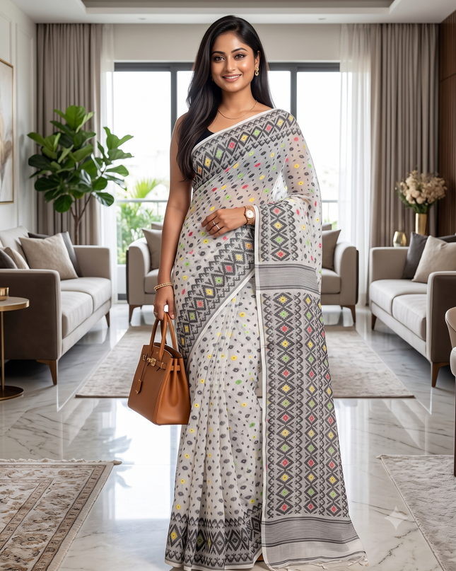 Hirokduti Resham Dhakai jamdani Bengal Pure Cotton Handloom Saree without Blouse Piece