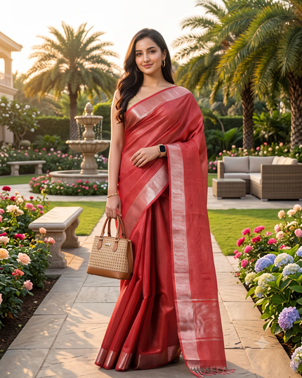 Women`s Tissue silk sarees for women latest, design Cotton sari Kanak zari New, Design golden Kora tissue banarasi New Farewell wedding kanjivaram silk party, wear saree (Red)