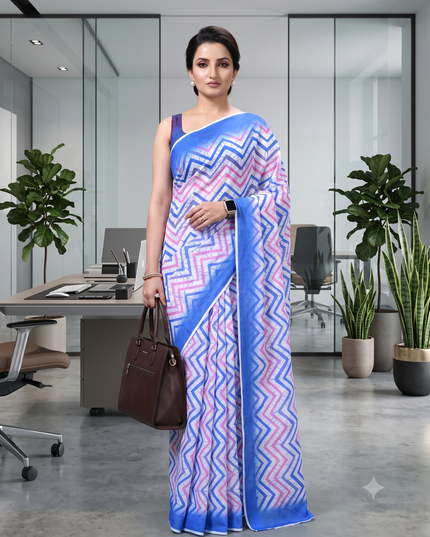 Womens georgette party, wear saree for farewell chiffon sarees women latest Rekhamaya design printed cotton New Sari chiffon silk Saree wedding saree for woman(Blue Baby Pink)