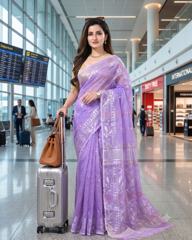 dB DESH BIDESH Women's Soft Cotton Silk Jamdani Sarees For Women for Party, Wear Linen Silk Saree Zarikatha Design Cotton saree for woman Without Blouse piece (Purple)