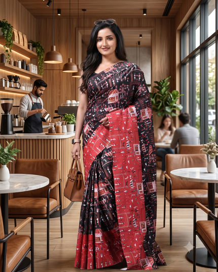 Kalamkari Silk Black and Red Printed Women Saree