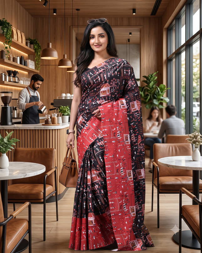 Kalamkari Silk Black and Red Printed Women Saree