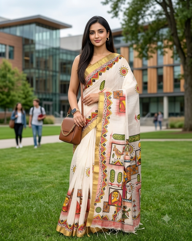 dB DESH BIDESH Women`s Saree for Woman Cotton Saree Folk Tribal Hand Printed Soft Cotton Silk Women Sarees without Blouse Piece