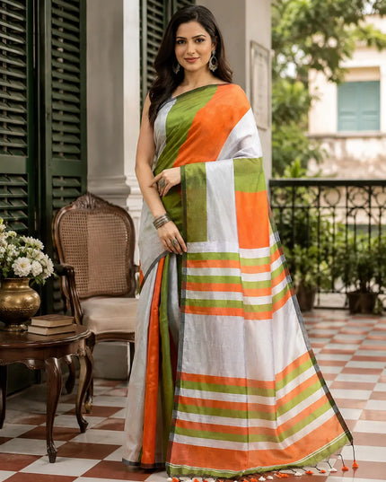 Women's Gitcha Cotton Silk Tri Color Saree with Blouse (Orange Silver Green)