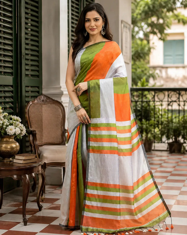 Women's Gitcha Cotton Silk Tri Color Saree with Blouse (Orange Silver Green)