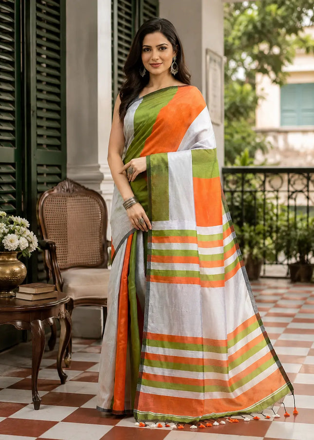 Women's Gitcha Cotton Silk Tri Color Saree with Blouse (Orange Silver Green)