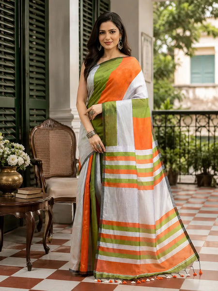 Women's Gitcha Cotton Silk Tri Color Saree with Blouse (Orange Silver Green)