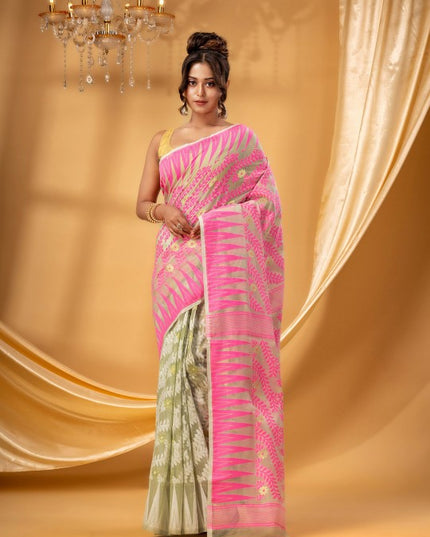 Exquisite Pink Cream Woven Jamdani Pure Cotton Saree for Women