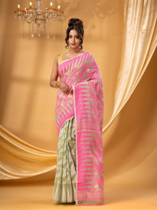 Exquisite Pink Cream Woven Jamdani Pure Cotton Saree for Women