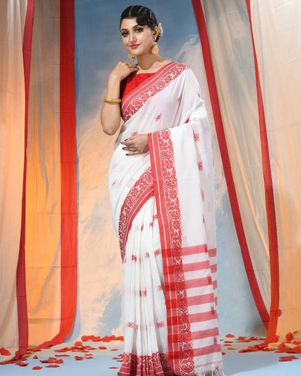 Exquisite Red & White Woven Design Paisley Taant Saree with Unstitched Blouse Piece