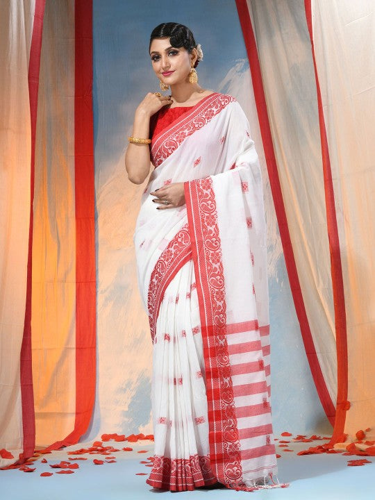 Exquisite Red & White Woven Design Paisley Taant Saree with Unstitched Blouse Piece