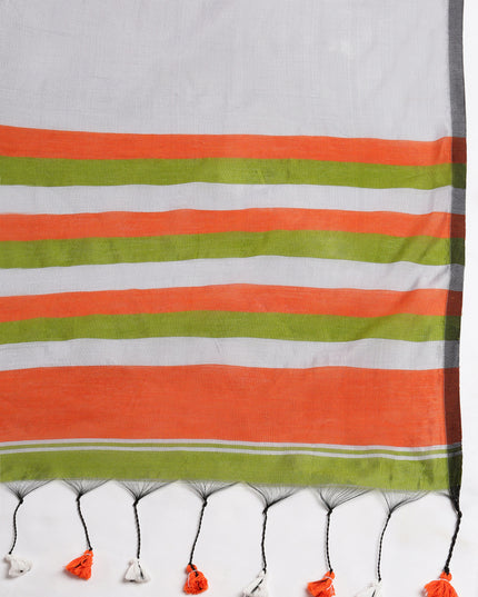 Women's Gitcha Cotton Silk Tri Color Saree with Blouse (Orange Silver Green)