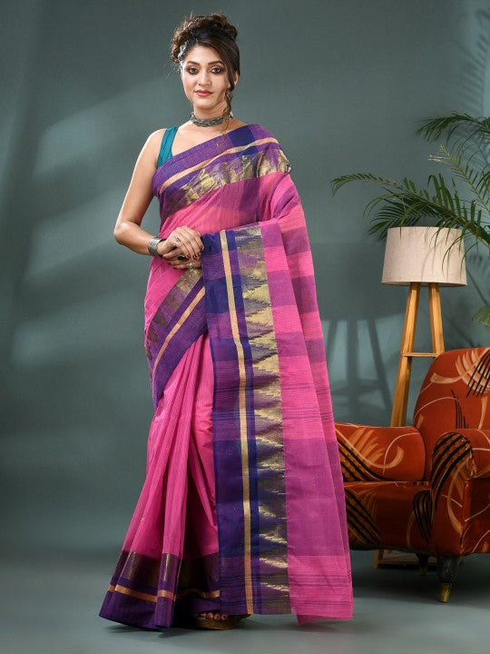 DESH BIDESH Striped Zari Pure Cotton Taant Saree