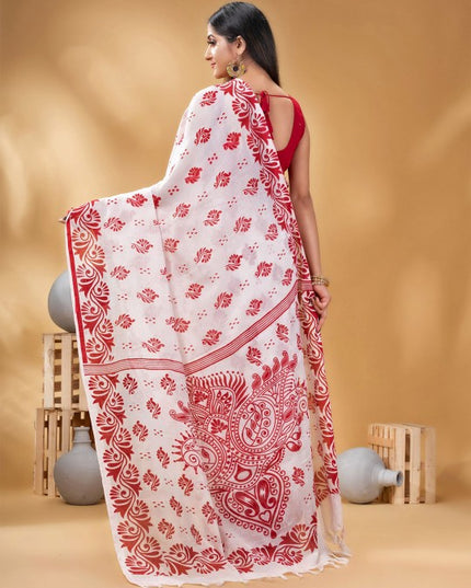 Exquisite Pure Cotton White Saree with Red Ethnic Block Prints and Border