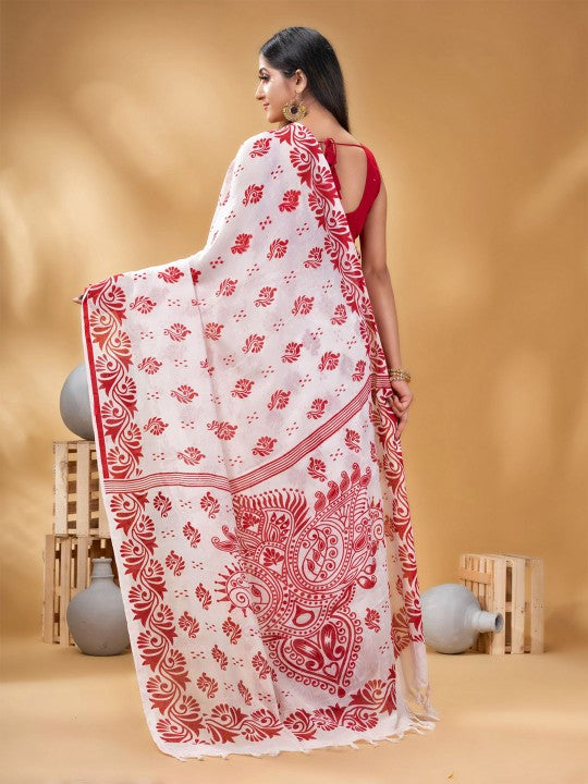 Exquisite Pure Cotton White Saree with Red Ethnic Block Prints and Border