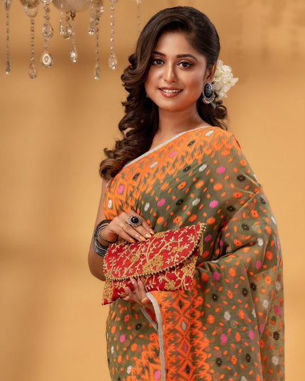 Exquisite DESH BIDESH Pure Cotton Jamdani Saree with Woven Design Border