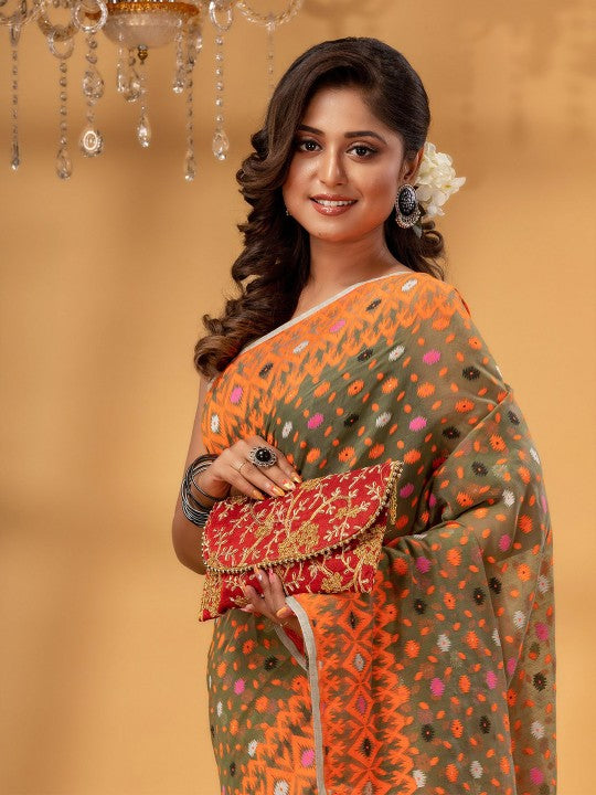 Exquisite DESH BIDESH Pure Cotton Jamdani Saree with Woven Design Border