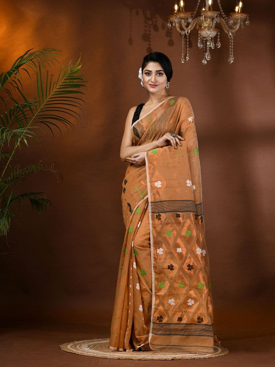 Gold-Toned & Green Jamdani Saree with Ethnic Motifs Woven Design Border