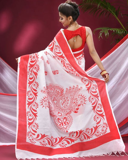 Exquisite Red & White Pure Cotton Saree with Woven Zari Design & Solid Border