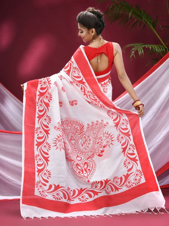 Exquisite Red & White Pure Cotton Saree with Woven Zari Design & Solid Border