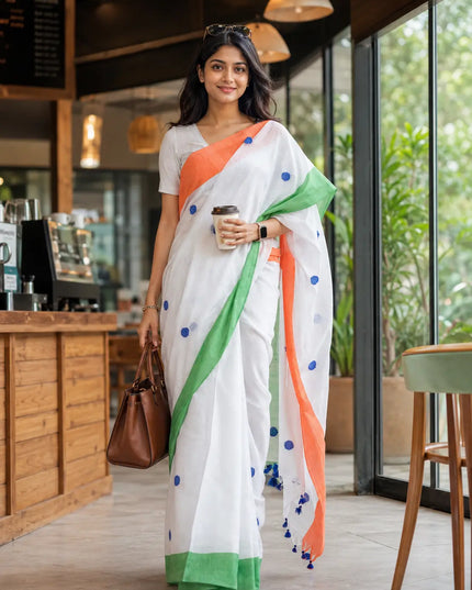 Women's Tri Color Handloom Pure Cotton Saree With Blouse Piece – Orange, White, Green (Independence Day Special)